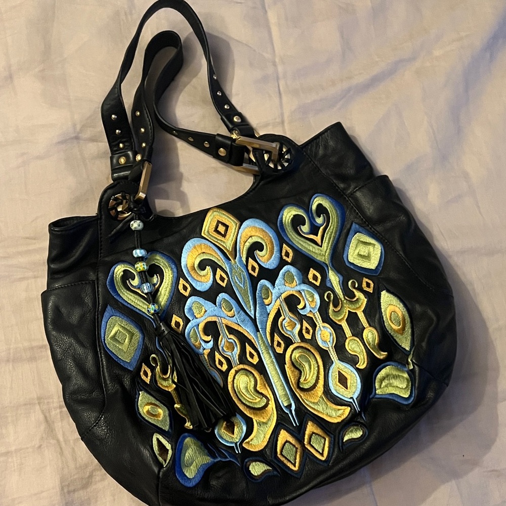 Isabella Fiore Black Leather Bag with Colorful Embroidery